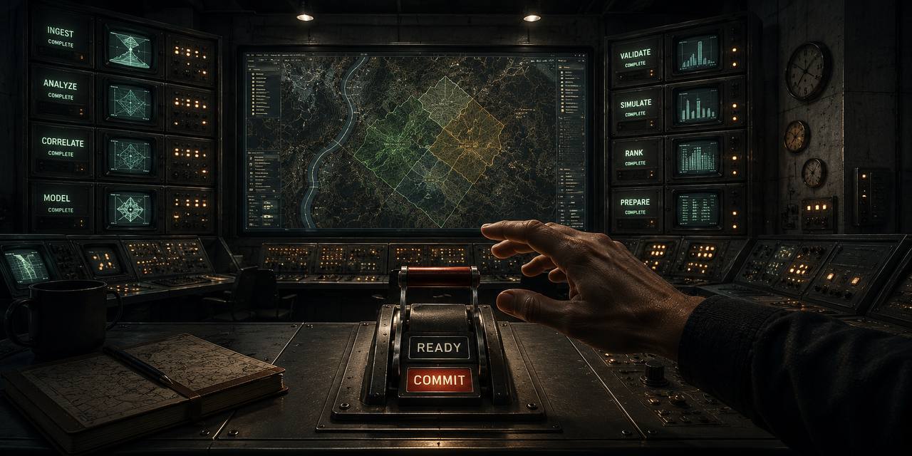 Control-room style GIS illustration showing a prepared map and a human hand hovering over the final commit lever