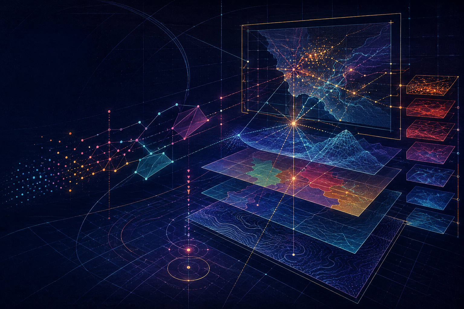 Retro-futurist coordinate grid with glowing points, polygons, map layers, and projection arcs assembling into a viewport
