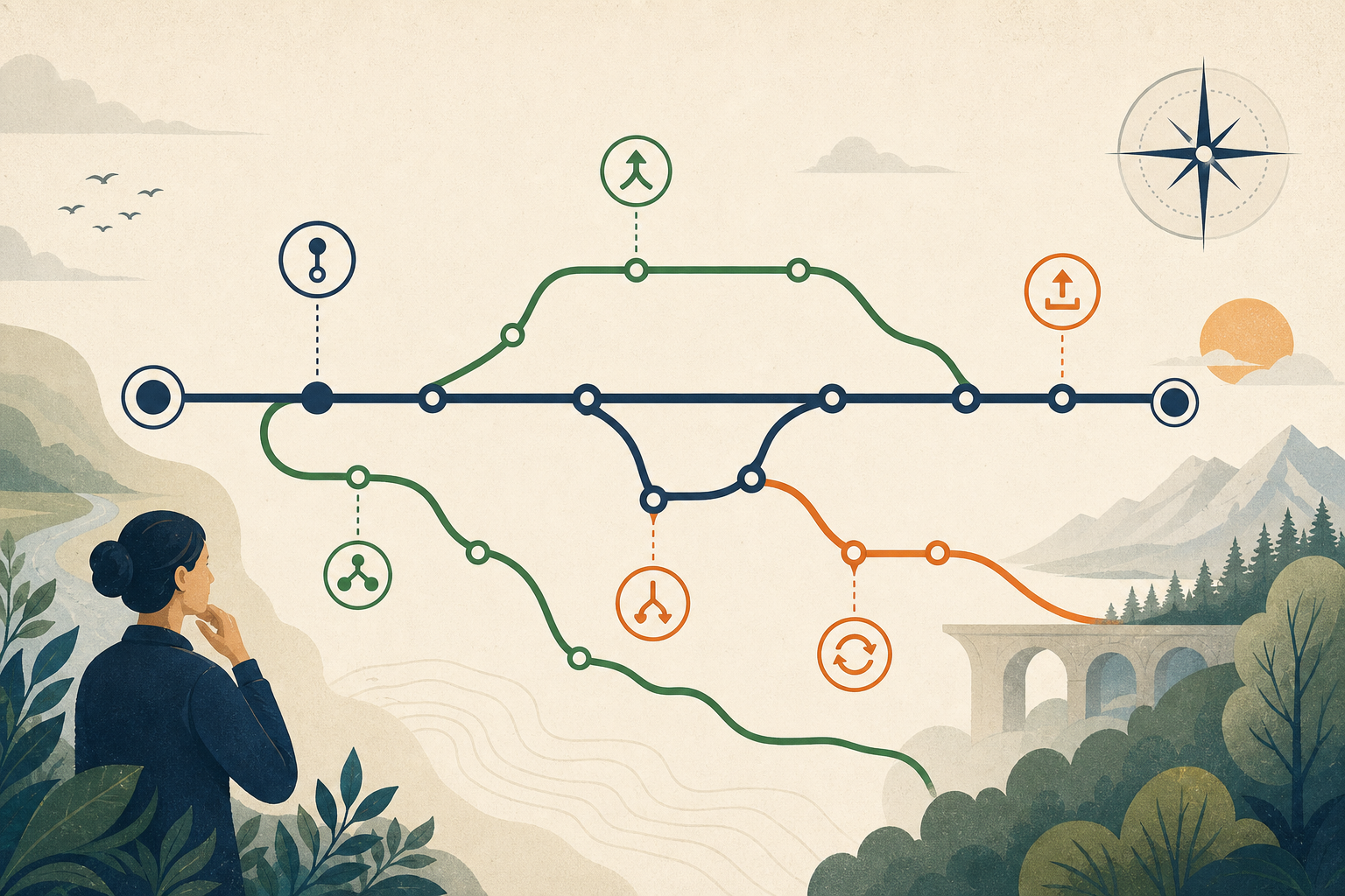 Editorial illustration of branching Git workflow paths laid out like a guided transit map with decision points