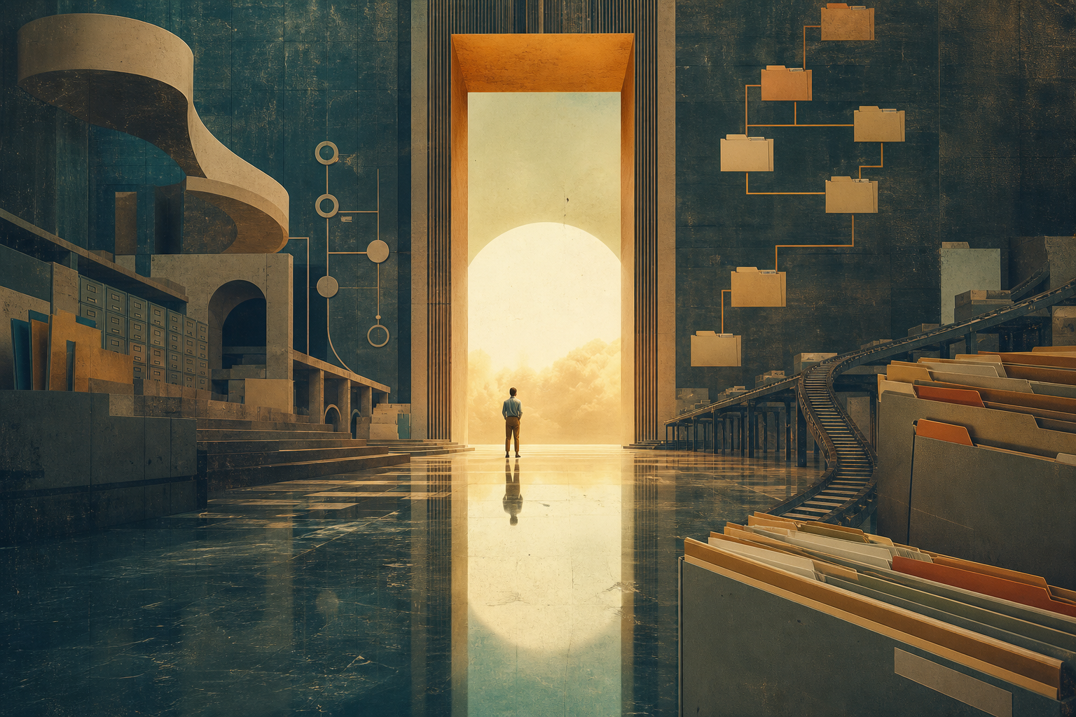 Editorial surrealist illustration of a small person facing a bright portal while branching folders and repository-like rails recede into the background as supporting infrastructure