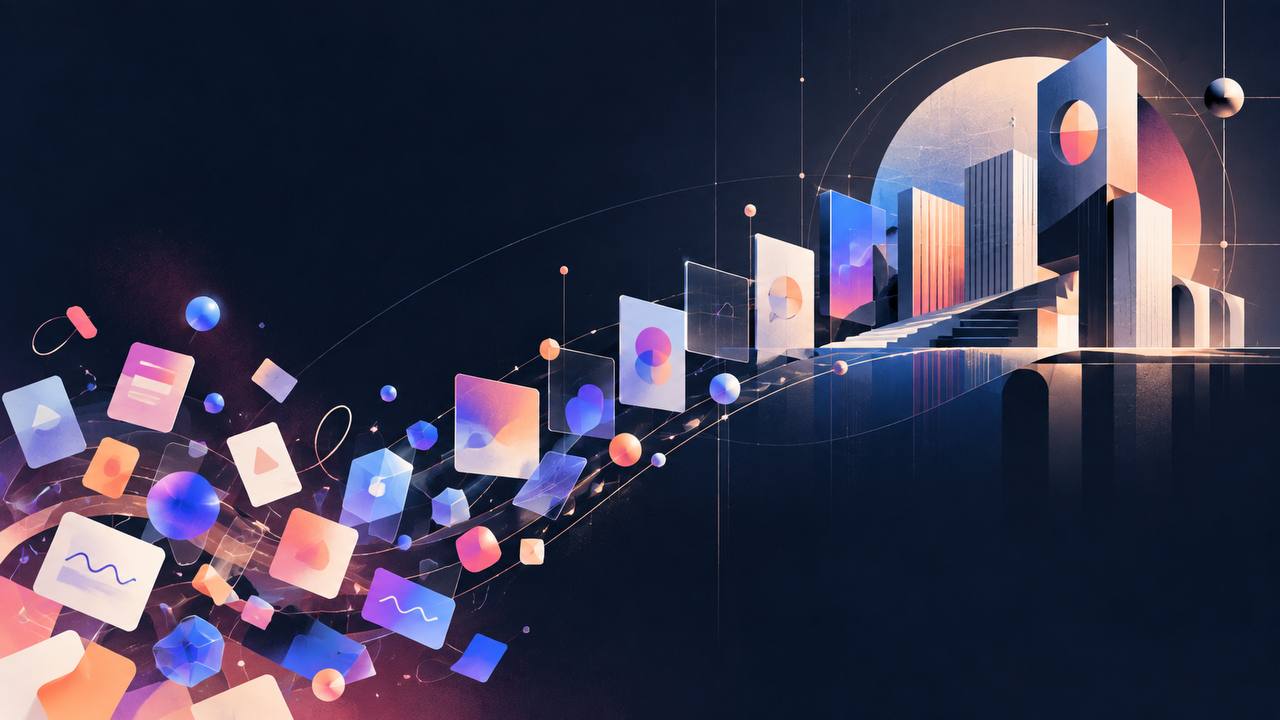 Futuristic abstract scene with colorful 3D icons, cards, spheres, and cubes streaming toward a sleek architectural structure against a dark background with glowing lines and geometric orbits