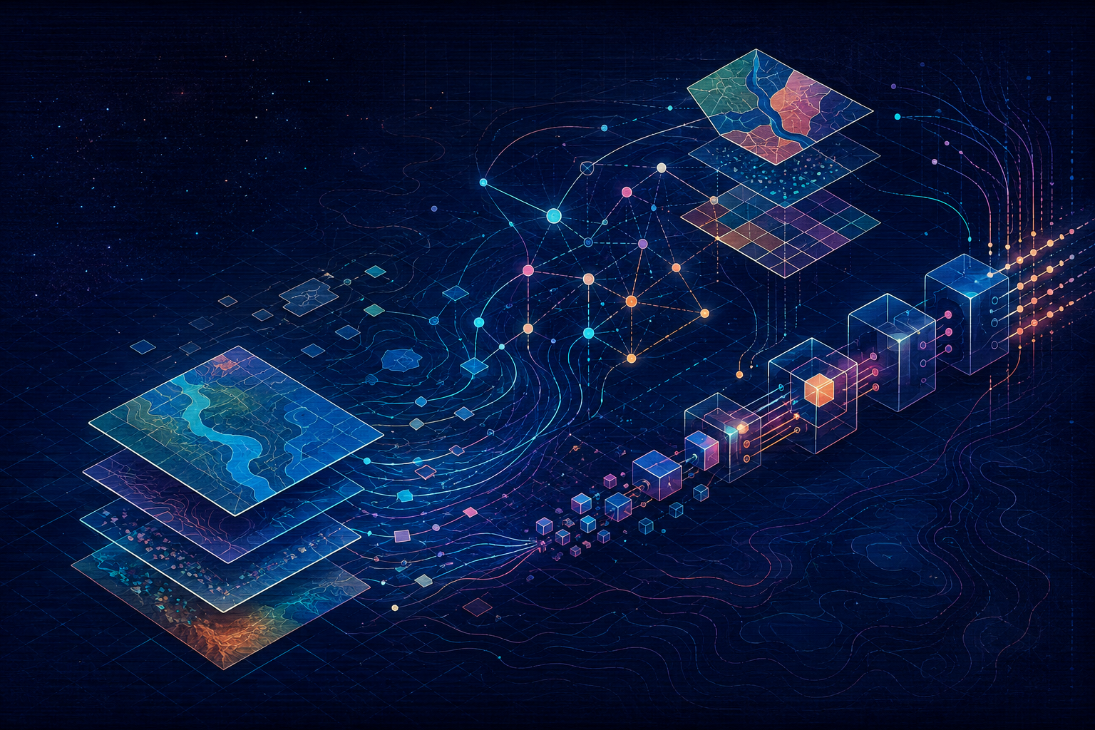 Retro-futurist layers of maps, coordinate lines, and geometric blocks transforming into a luminous software pipeline
