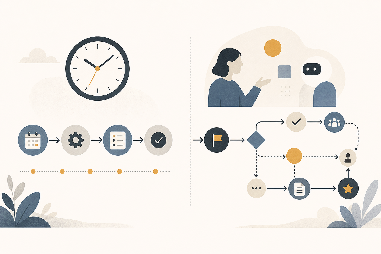 Editorial illustration contrasting a clock-driven scheduled task pipeline with a guided human-and-agent workflow