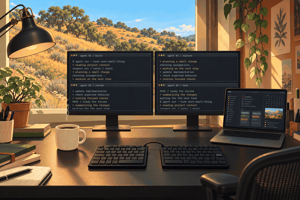 An empty desk with four agent terminals, a laptop, steaming coffee, and a split keyboard. Beyond the window, a hawk occasionally glides over a Southern California native-plant hillside.