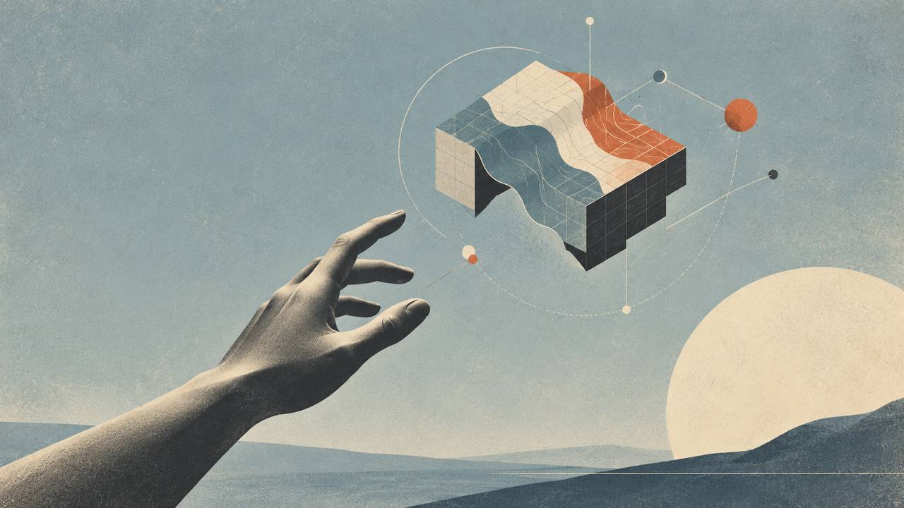 Surreal illustration of a hand reaching toward a floating geometric block above wavy terrain, grid lines, and orbiting dots