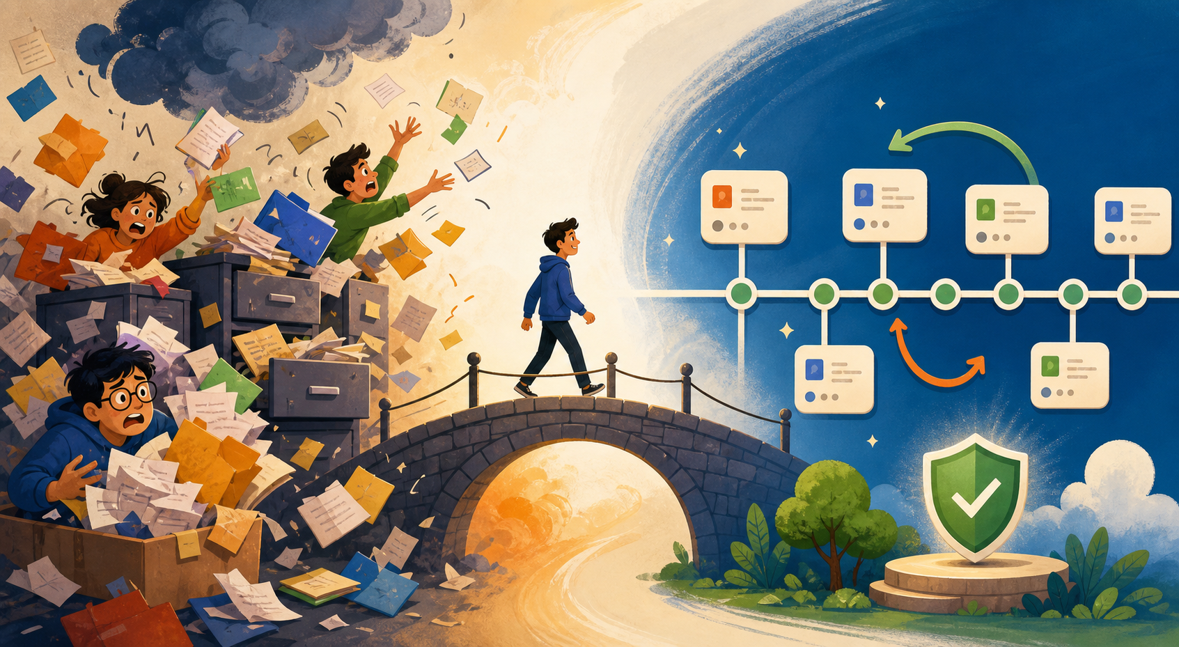 Editorial illustration of messy shared-drive chaos transforming into an orderly commit history with a visible safety-net feel