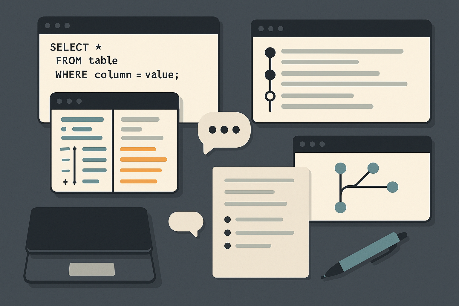 Editorial illustration of a practical workflow desk showing scripts, version history, and a safer collaboration path for operational teams